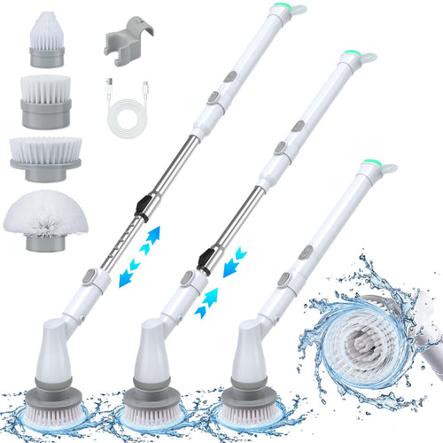 Electric Spin Scrubber Cordless Electric Shower Scrubber with 400 RPM Dual Speed Bathroom Scrubber Electric with 4 Brush Heads Adjustable Handle Electric Scrubber for Cleaning Bathtub Tile Floor